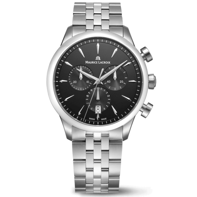 Maurice Lacroix 1975 Quartz Chronograph 40MM - 10 ATM, Esfera negra, brazalete de acero
