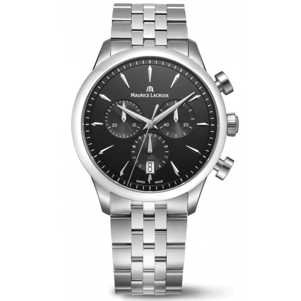 Maurice Lacroix 1975 Quartz Chronograph 40MM - 10 ATM, Esfera negra, brazalete de acero