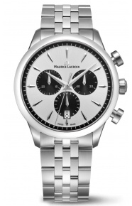 Maurice Lacroix 1975 Quartz Chronograph 40MM - 10 ATM, Esfera plateada y negra, brazalete de acero