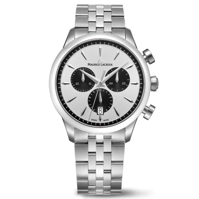 Maurice Lacroix 1975 Quartz Chronograph 40MM - 10 ATM, Esfera plateada y negra, brazalete de acero