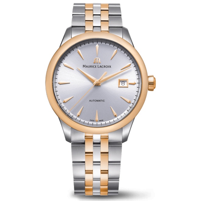 Maurice Lacroix 1975 Automatic Duotone PVD oro rosa 40MM - 10 ATM, Esfera plateda, brazalete de acero bicolor