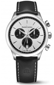 Maurice Lacroix 1975 Quartz Chronograph 40MM - 10 ATM, Esfera plateada y negra, brazalete de piel negra