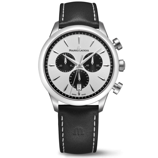 Maurice Lacroix 1975 Quartz Chronograph 40MM - 10 ATM, Esfera plateada y negra, brazalete de piel negra