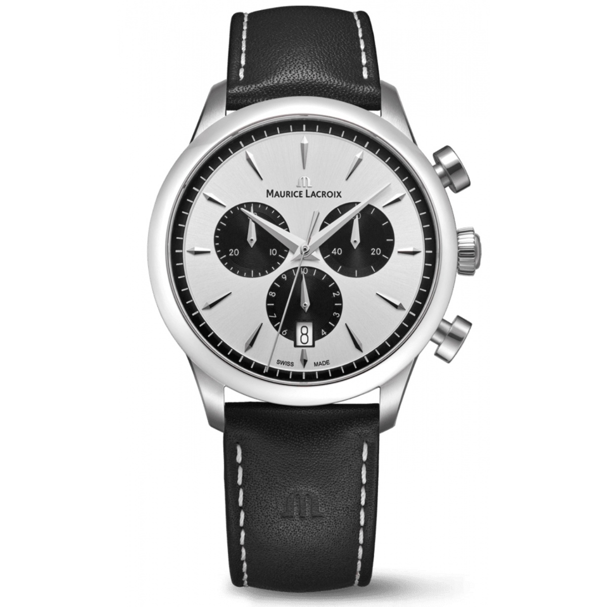 Maurice Lacroix 1975 Quartz Chronograph 40MM - 10 ATM, Esfera plateada y negra, brazalete de piel negra