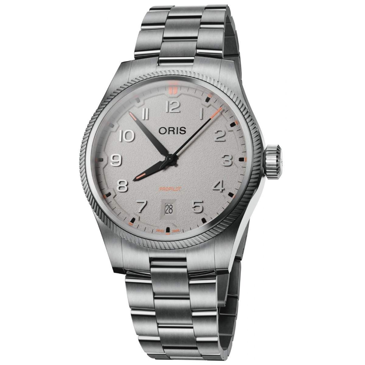 Oris Propilot Date 100 M - ∅41 mm, Esfera gris, brazalete de acero