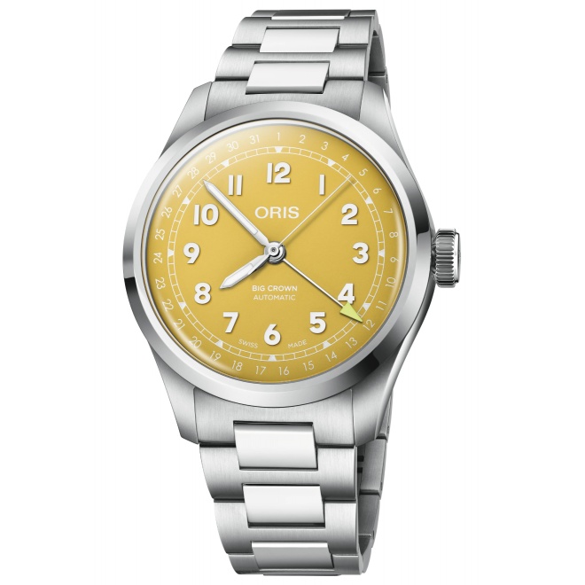 Oris Big Crown Pointer Date 50 M - ∅40 mm, Esfera amarilla, brazalete de acero