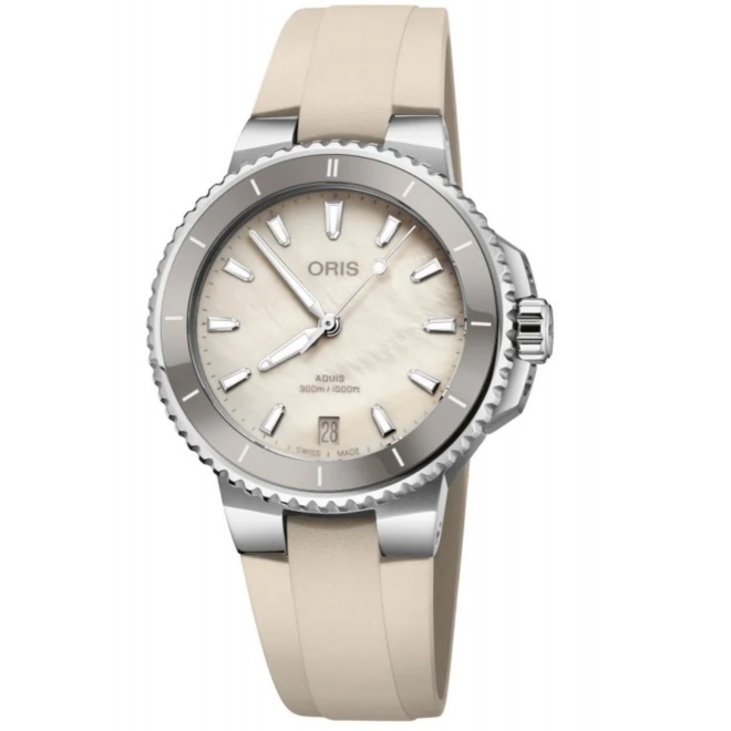 Oris Aquis Date 300 M - ∅36,50 mm, Esfera blanca, correa de caucho blanco