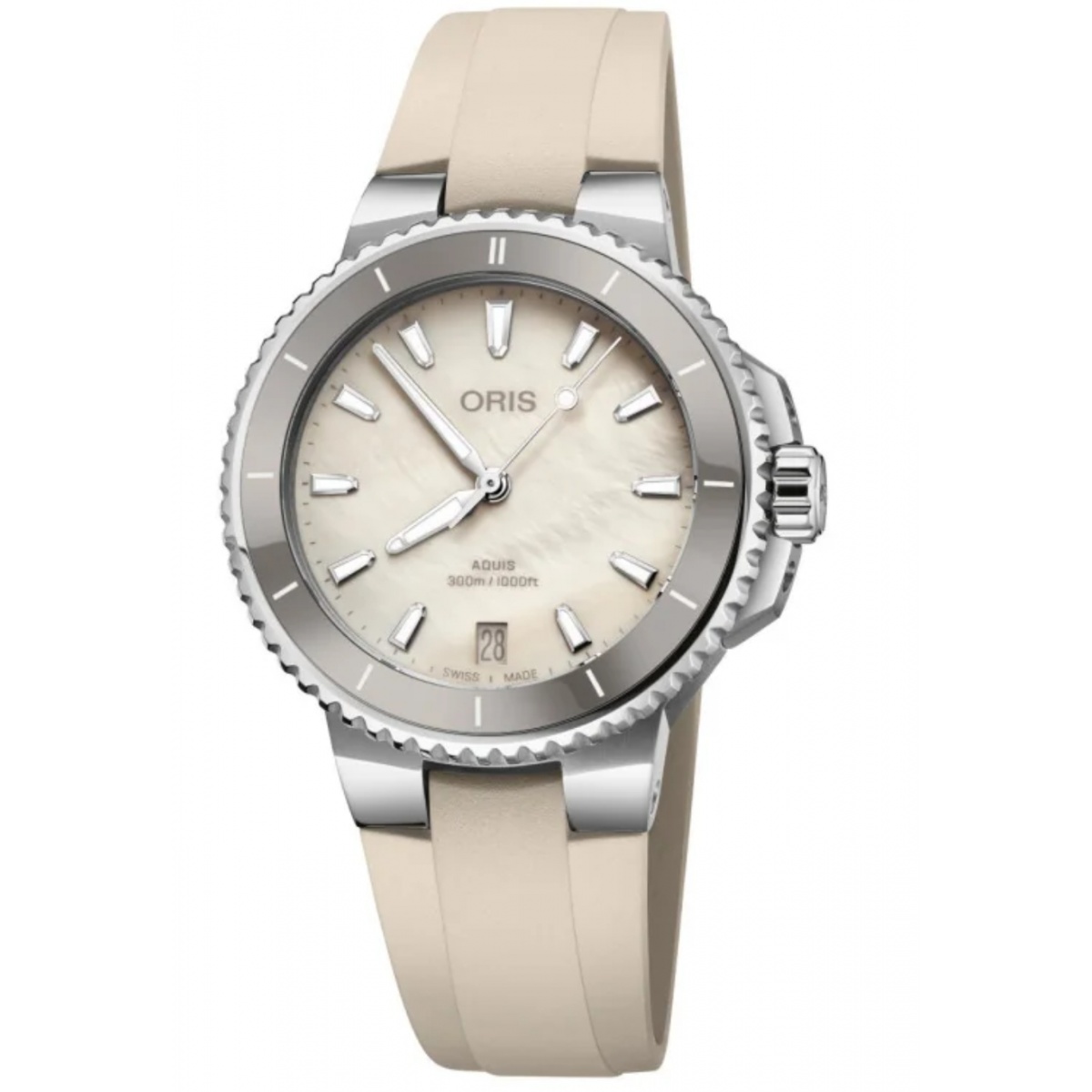 Oris Aquis Date 300 M - ∅36,50 mm, Esfera blanca, correa de caucho blanco