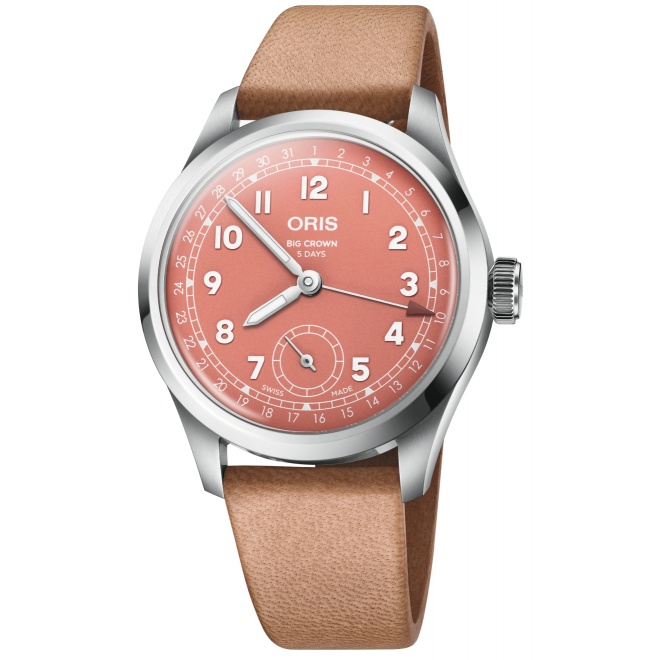 Oris Big Crown Pointer Date Calibre 403 50 M - ∅40 mm, Esfera roja, correa de piel marrón