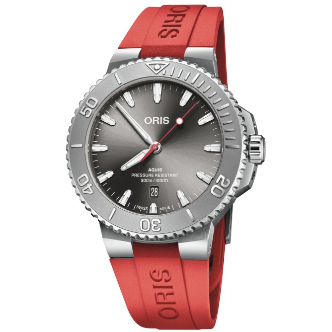 Oris Aquis Date Relief 300 M - ∅43,50 mm, Esfera gris, correa de caucho rojo