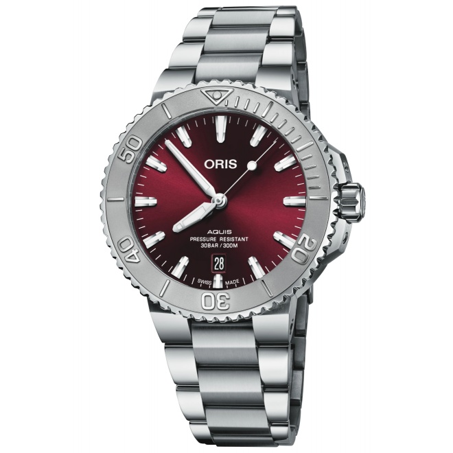 Oris Aquis Date Relief 300 M - ∅43,5 mm, Esfera roja, brazalete de acero
