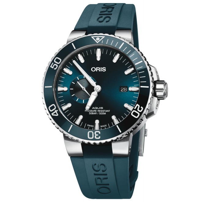 Oris Aquis Small Second Date 500 M - ∅45,50 mm, Esfera azul, correa de caucho azul