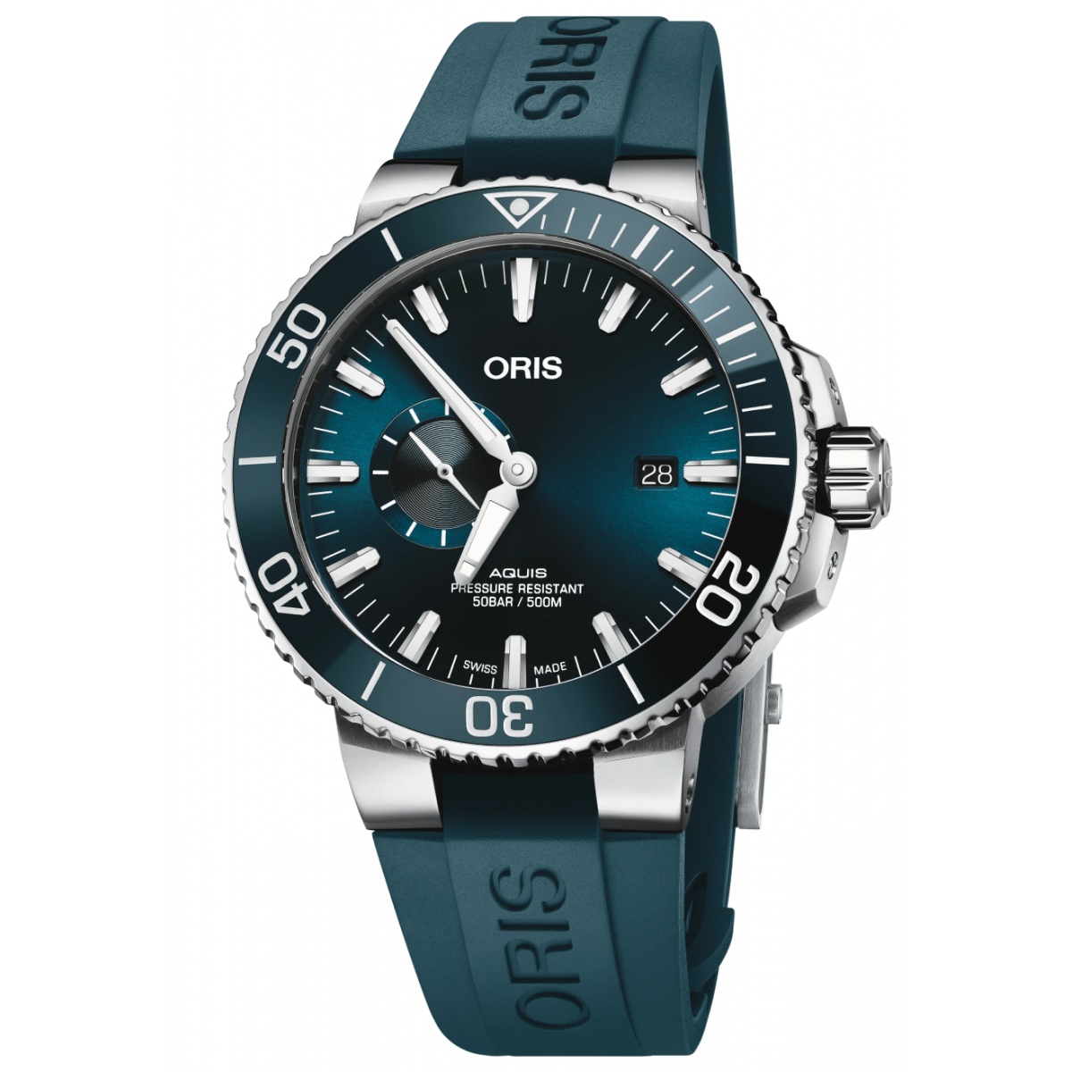 Oris Aquis Small Second Date 500 M - ∅45,50 mm, Esfera azul, correa de caucho azul