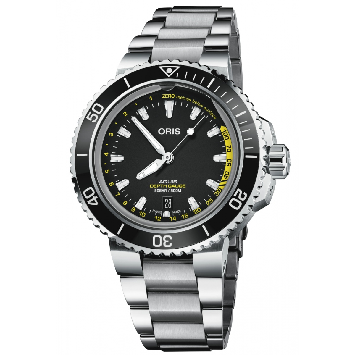 Oris Aquis Date Depth Gauge 500 M - ∅45,80 mm, Esfera negra, brazalete de acero