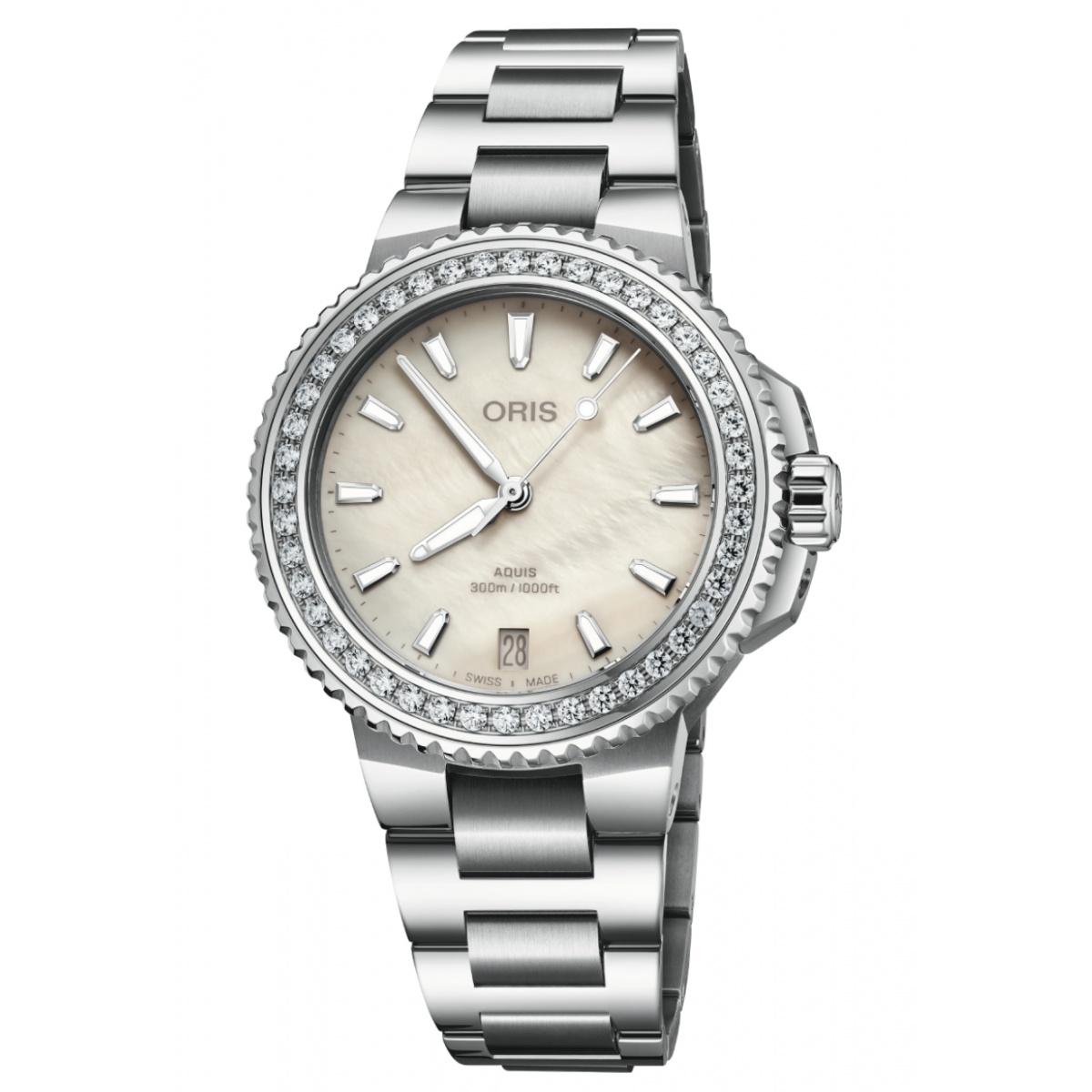 Oris Aquis Date Diamonds 300 M - ∅36,50 mm, Esfera blanca, brazalete de acero