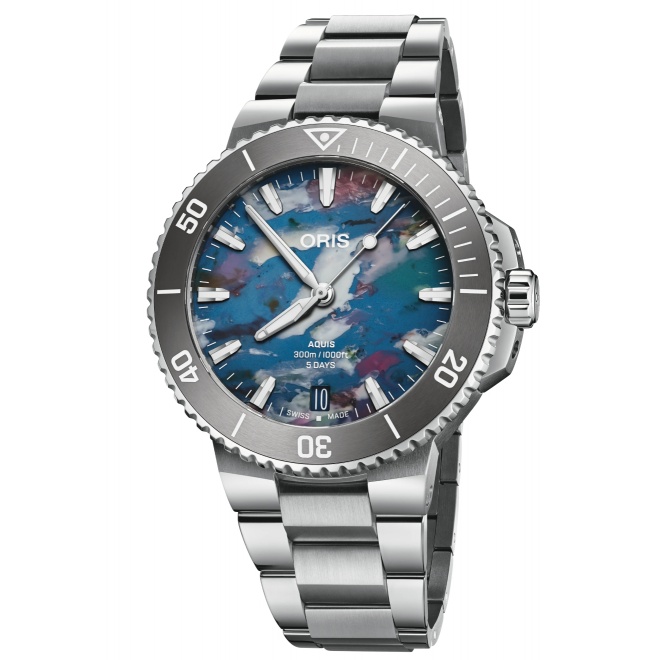 Oris Aquis Date Upcycle Calibre 400 300 M - ∅43,50 mm, Esfera multicolor, brazalete de acero