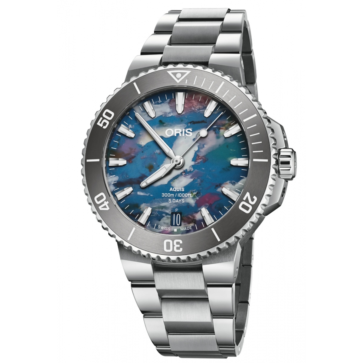 Oris Aquis Date Upcycle Calibre 400 300 M - ∅43,50 mm, Esfera multicolor, brazalete de acero