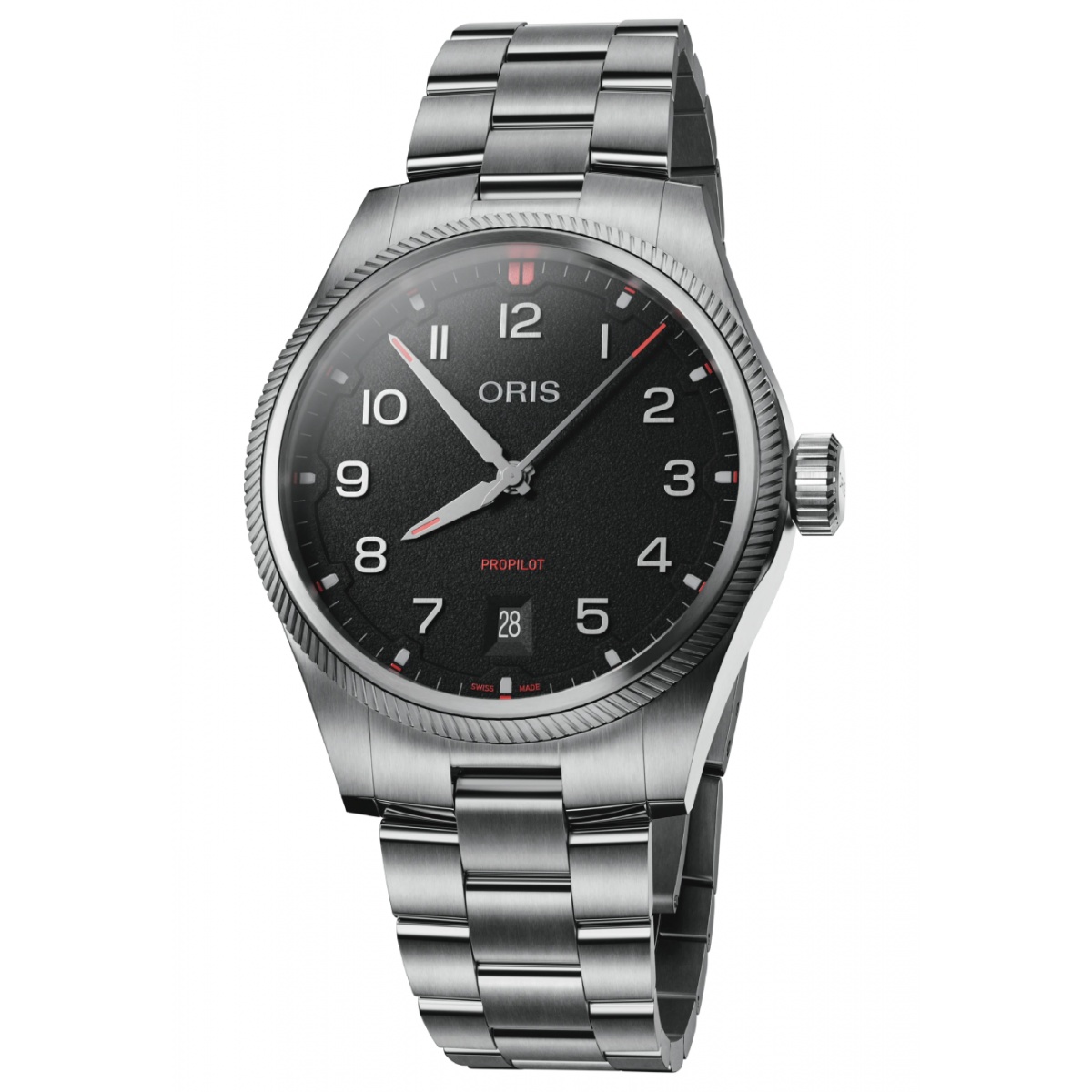 Oris Propilot Date 100 M - ∅41 mm, Esfera negra, brazalete de acero
