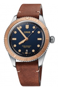 Oris Divers Sixty‑Five 100 M - ∅40 mm, Esfera azul, correa de piel marrón