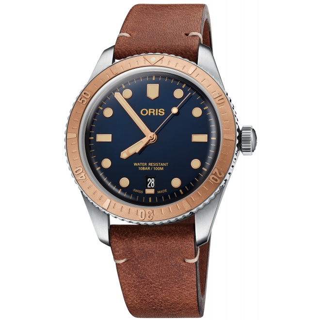Oris Divers Sixty‑Five 100 M - ∅40 mm, Esfera azul, correa de piel marrón