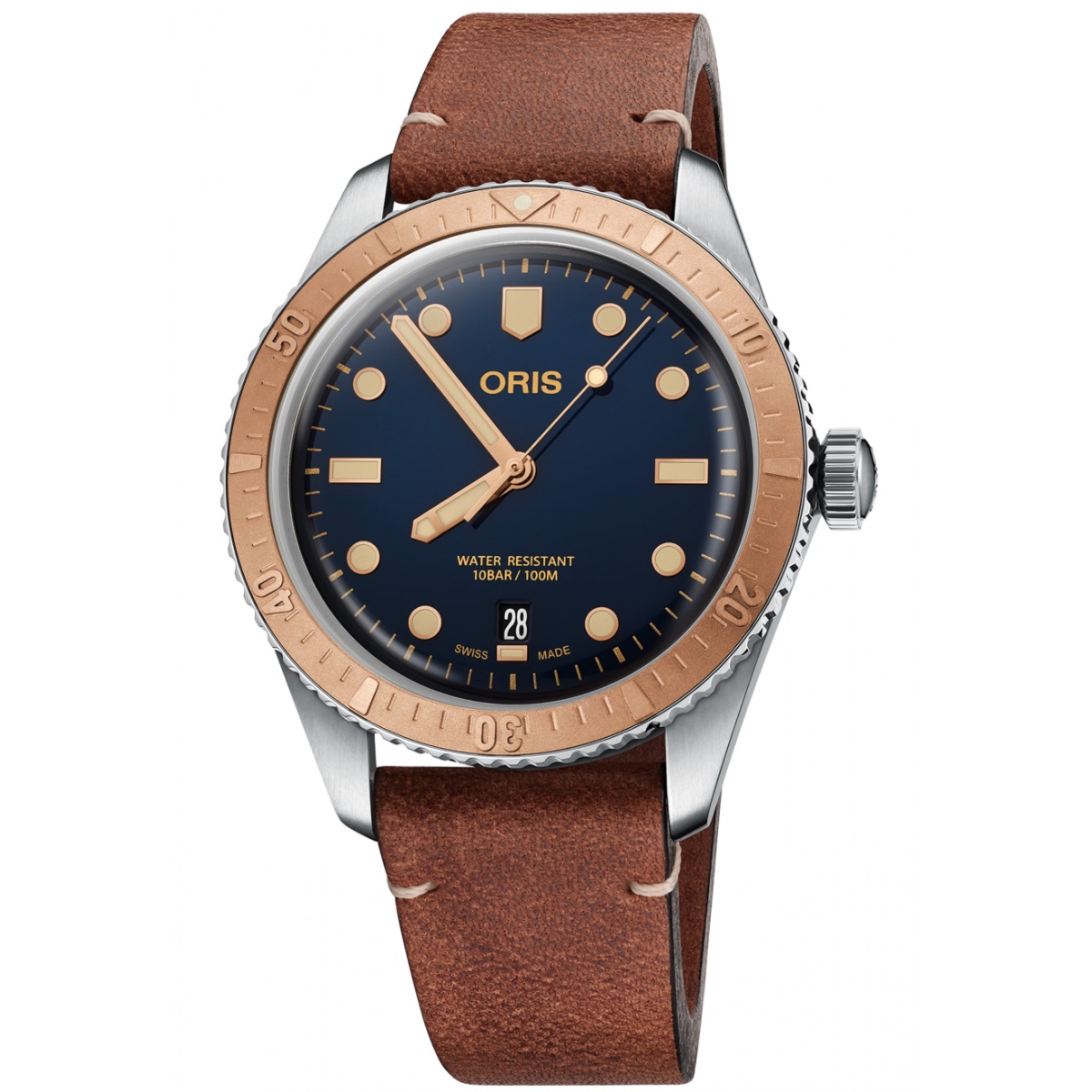 Oris Divers Sixty‑Five 100 M - ∅40 mm, Esfera azul, correa de piel marrón