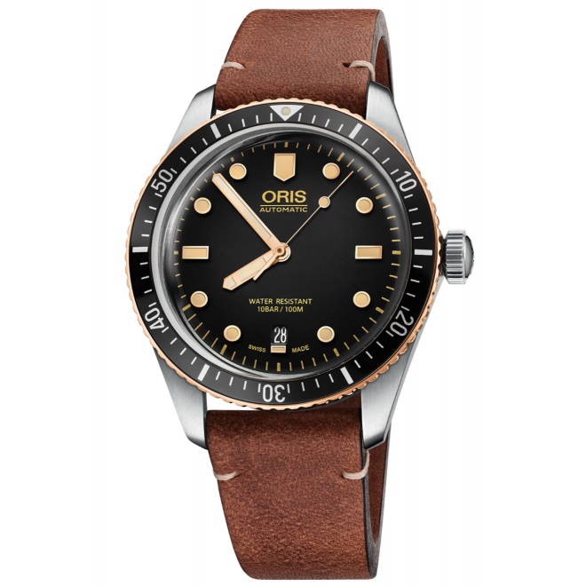 Oris Divers Sixty‑Five 100 M - ∅40 mm, Esfera negra, correa de piel