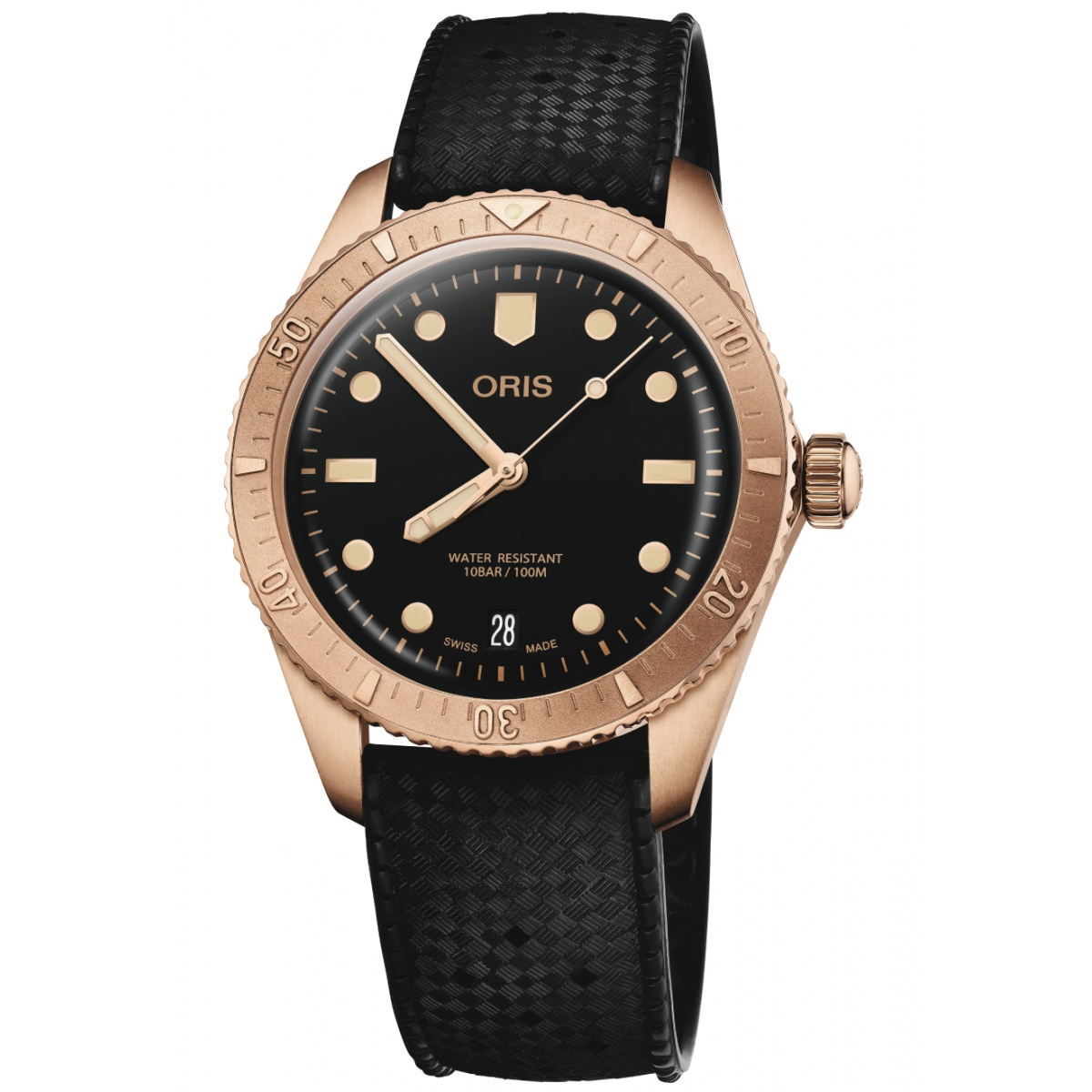 Oris Divers Sixty‑Five Date 100 M - ∅38 mm, Esfera negra, correa de caucho negra