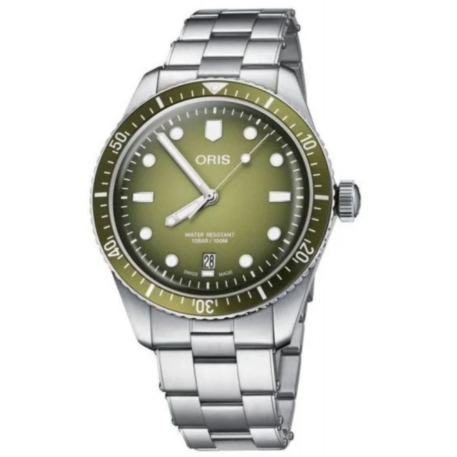 Oris Divers Sixty‑Five Date 100 M - ∅40 mm, Esfera verde, brazalete de acero