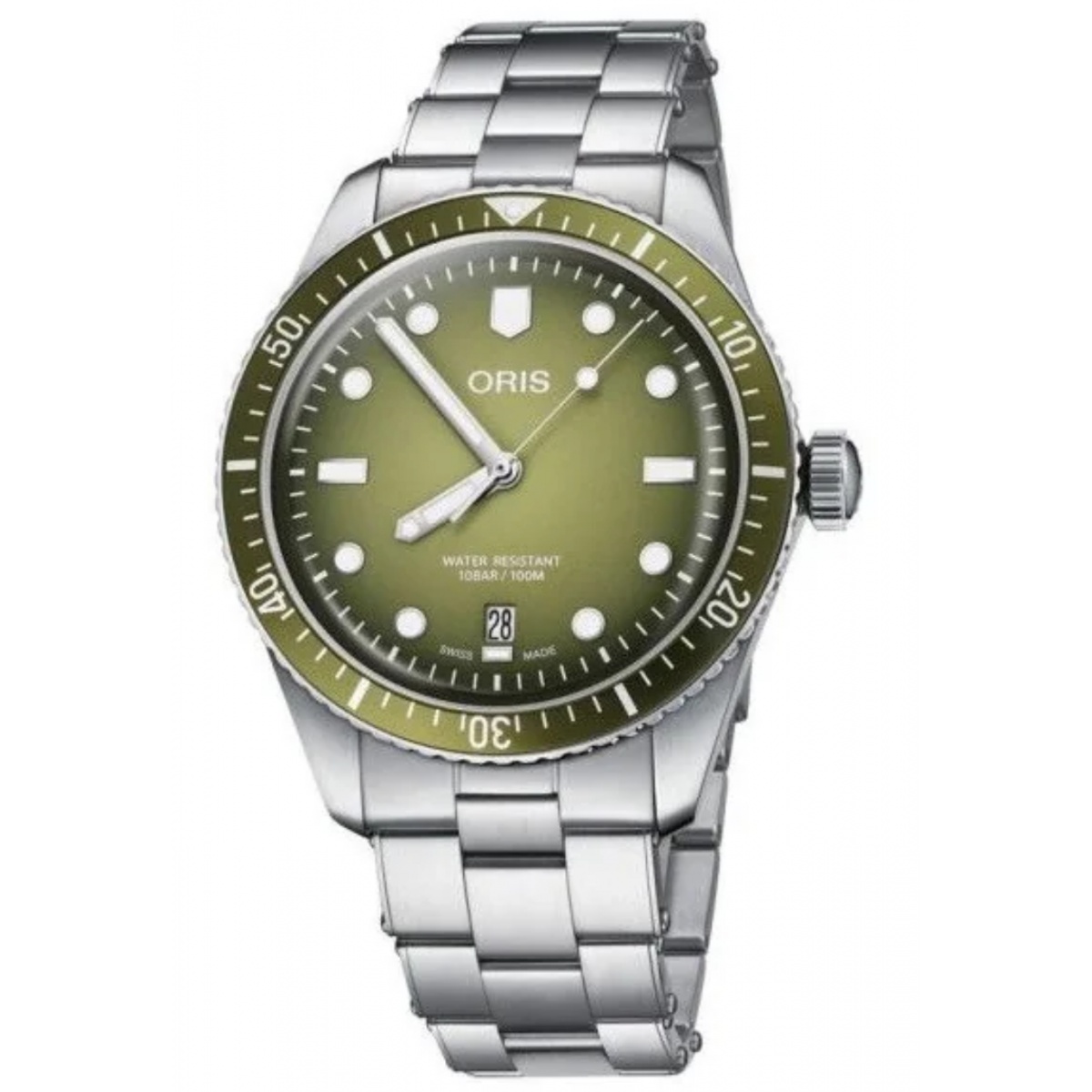 Oris Divers Sixty‑Five Date 100 M - ∅40 mm, Esfera verde, brazalete de acero
