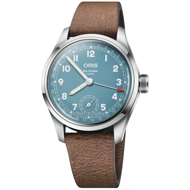 Oris Big Crown Pointer Date Calibre 473 50 M - ∅38 mm, Esfera azul, correa de piel marrón