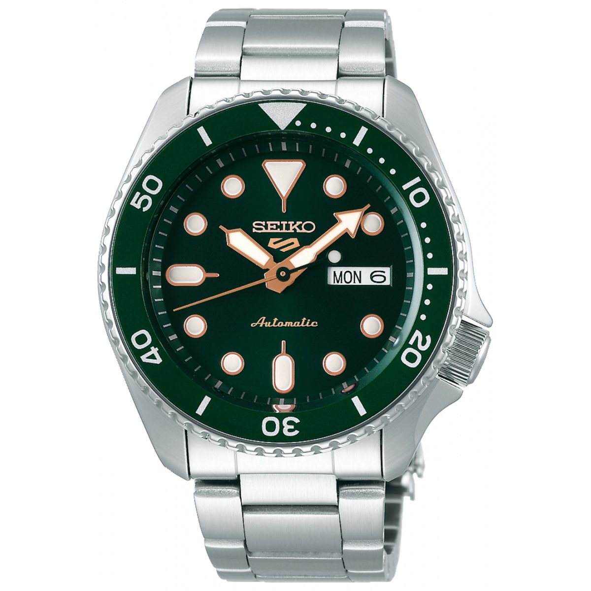 Seiko 5 Sports Automático ∅42,5 mm - 100M, Esfera verde indices dorados, bisel verde, brazalete de acero