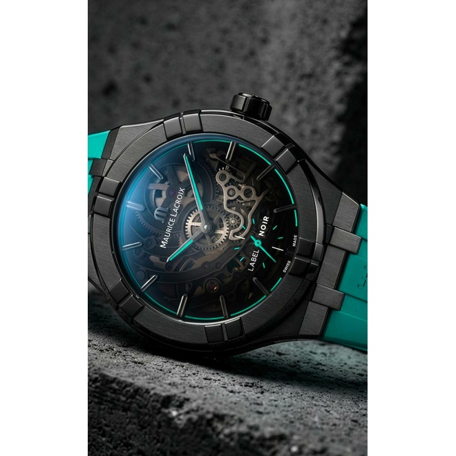 Maurice Lacroix Aikon Automatic Skeleton ∅45 mm - 10 ATM, Esfera negra, correa de caucho, label noir - 10 ATM, piel