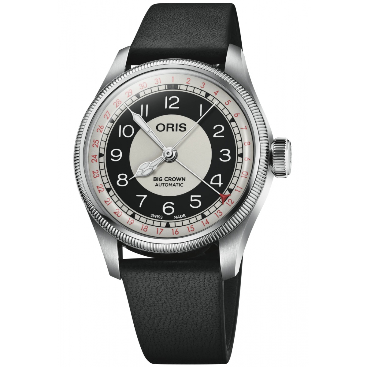 Oris Big Crown Pointer Date Bullseye 50 M - ∅38 mm, Esfera blanca y negra, correa de piel negra