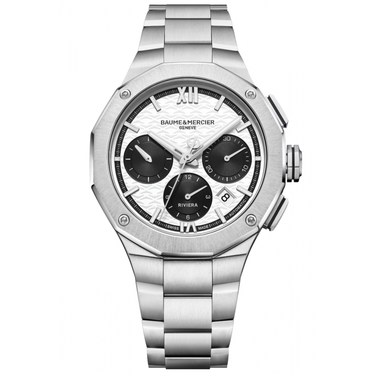 Baume & Mercier Riviera 10827 Automático Cronógrafo 100 M - ∅41 mm, Esfera Blanca y Negra, Brazalete de acero