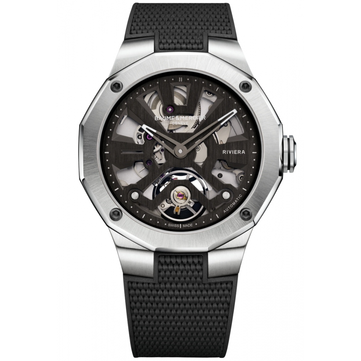 Baume & Mercier Riviera 10721 Automático Esqueleto 100 M - ∅42 mm, Esfera negra, Correa de caucho negro
