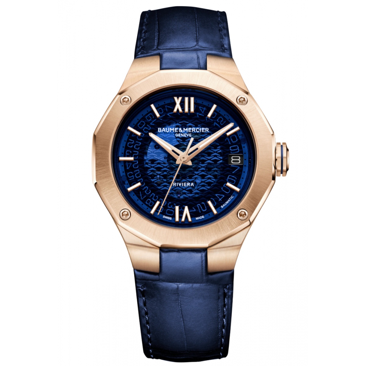Baume & Mercier Riviera 10815 Automático 50 M - ∅39 mm, Caja de oro rosa, Esfera azul, Correa de piel azul