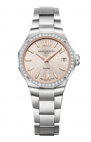 Baume & Mercier Riviera 10796 Cuarzo 50 M - ∅33 mm, Esfera plateada, Engastado con 44 diamantes, Brazalete de acero