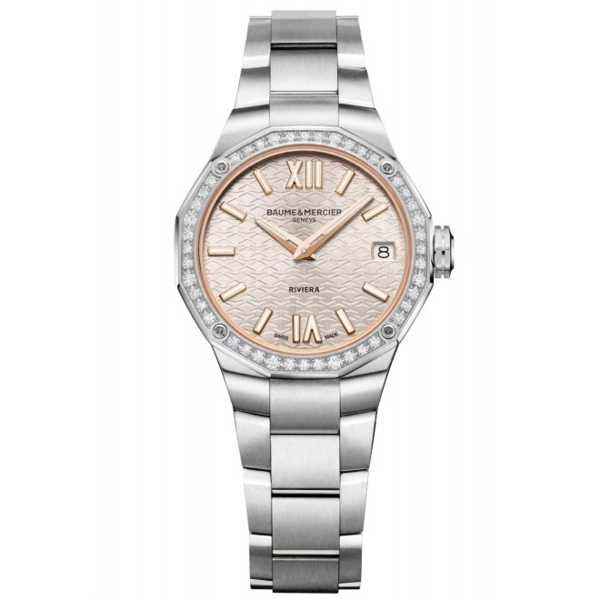 Baume & Mercier Riviera 10796 Cuarzo 50 M - ∅33 mm, Esfera plateada, Engastado con 44 diamantes, Brazalete de acero