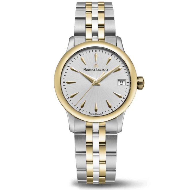 Maurice Lacroix 1975 Quartz 33mm - 10 ATM, Esfera plateada, brazalete de acero bicolor