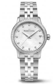 Maurice Lacroix 1975 Quartz 33mm - 10 ATM, Esfera nácar blanco y diamantes, brazalete de acero