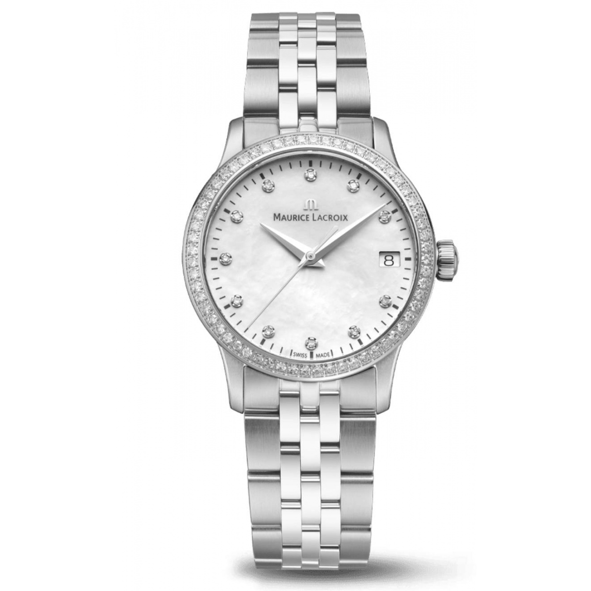 Maurice Lacroix 1975 Quartz 33mm - 10 ATM, Esfera nácar blanco y diamantes, brazalete de acero