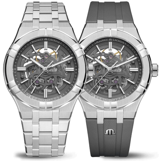 Maurice Lacroix Aikon Automatic Skeleton ∅42 mm - 20 ATM, Esfera gris, brazalete de acero + correa de caucho gris