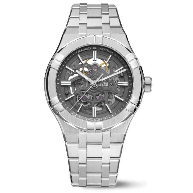Maurice Lacroix Aikon Automatic Skeleton 42MM - 20 ATM, Esfera gris, brazalete de acero + caucho gris