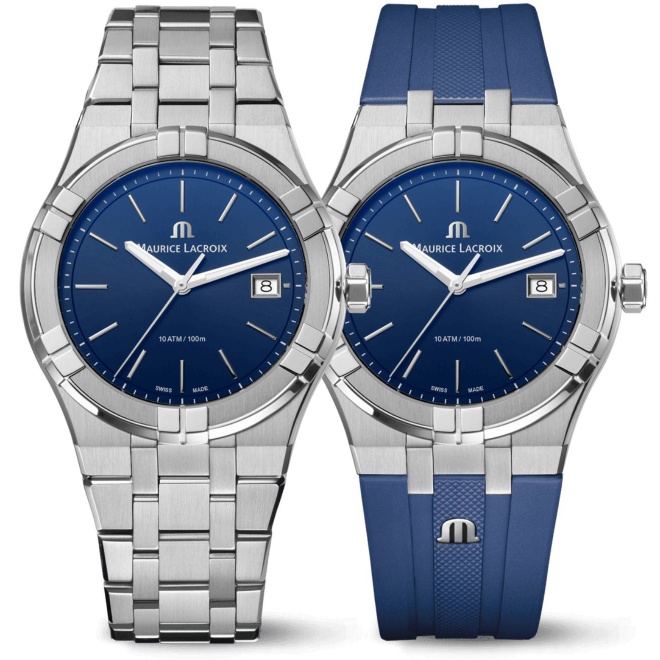 Maurice Lacroix Aikon Quartz ∅40 mm - 10 ATM, Esfera azul, brazalete de acero + correa de caucho azul