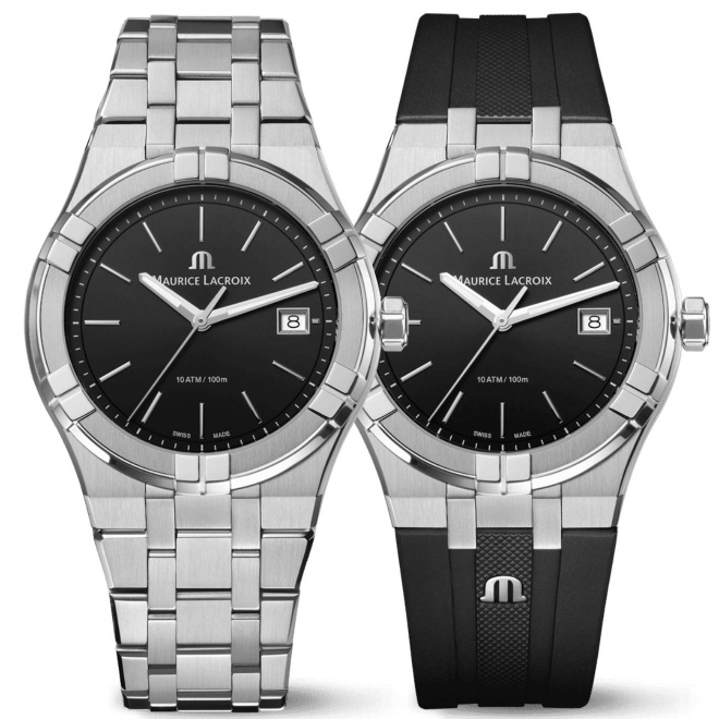 Maurice Lacroix Aikon Quartz ∅40 mm - 10 ATM, Esfera negra, brazalete de acero + correa de caucho negro