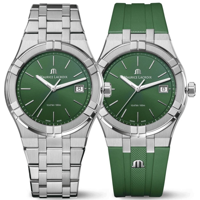 Maurice Lacroix Aikon Quartz ∅40 mm - 10 ATM, Esfera verde, brazalete de acero + correa de caucho verde