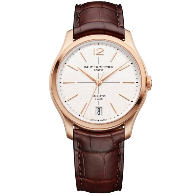 Baume & Mercier Clifton 10802 Automático 50 M - ∅39 mm, Caja oro rosa 18kt, Esfera blanco roto, Correa marrón