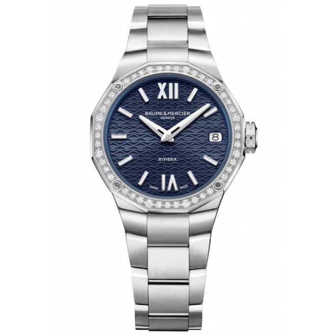 Baume & Mercier Riviera 10765 Cuarzo ∅33 mm - 50 M, Engastado con diamantes Esfera azul, Brazalete de acero
