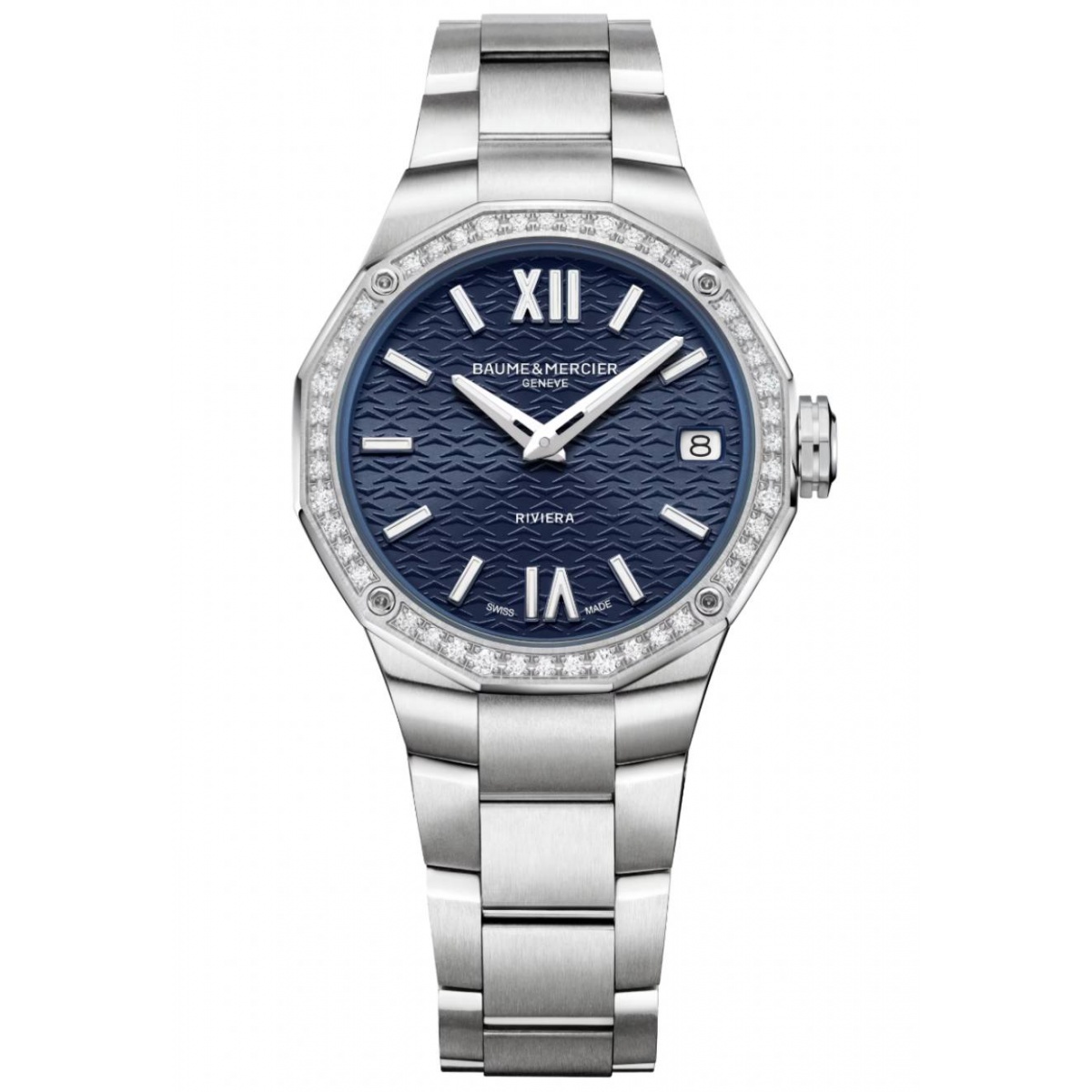Baume & Mercier Riviera 10765 Cuarzo ∅33 mm - 50 M, Engastado con diamantes Esfera azul, Brazalete de acero