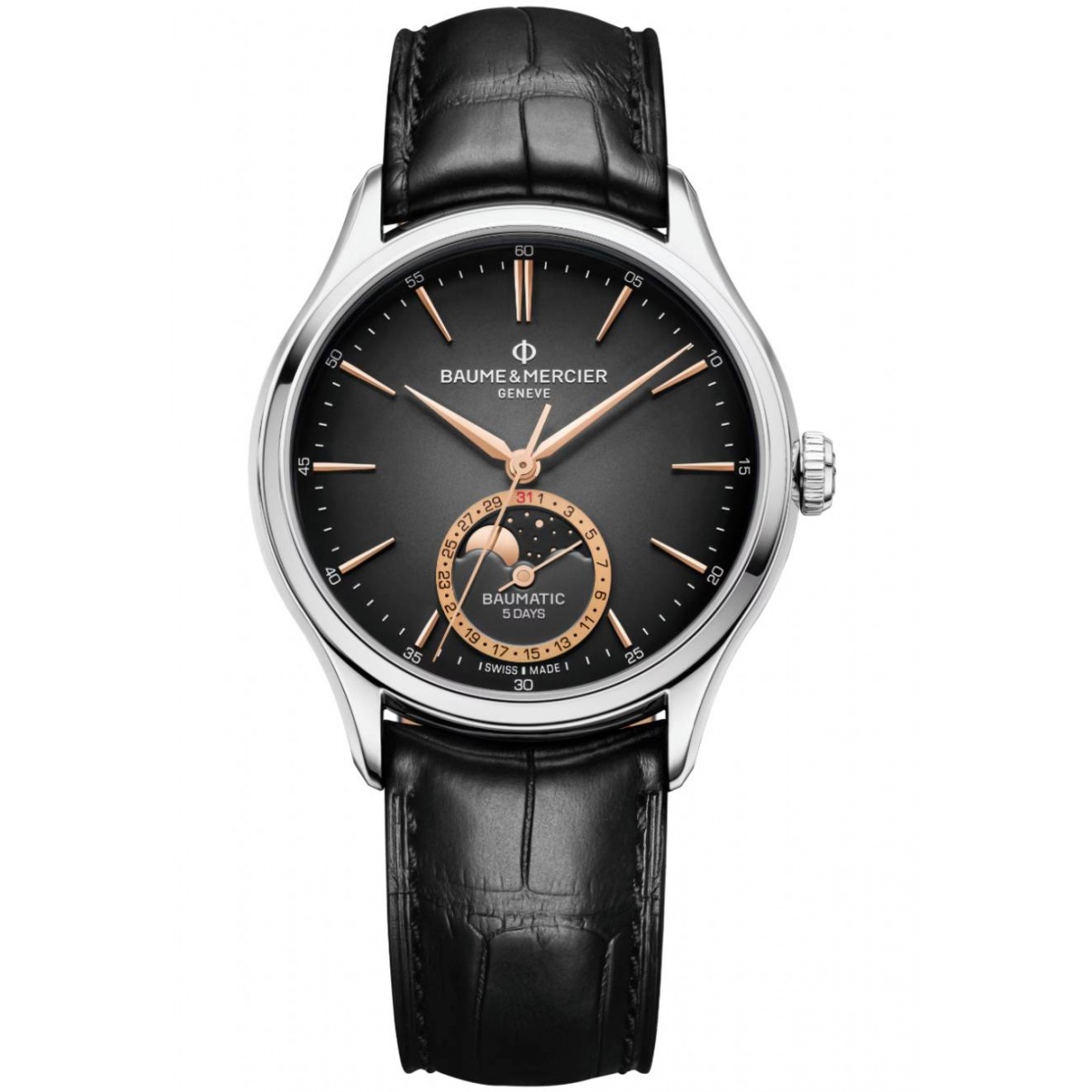 Baume & Mercier Clifton 10758 Automático Fase Lunar y Fecha ∅39 mm - 50 M, Esfera negra, correa negra